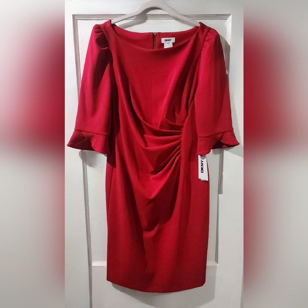 NWT DKNY Red Side-Ruched Flutter Sleeve Sheath Dress Size 14 ❤️✨